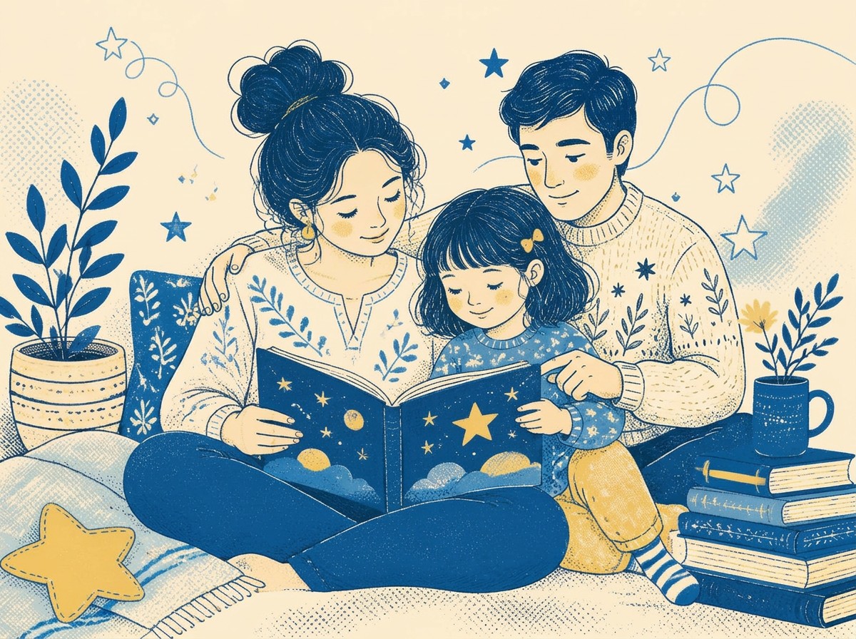 Familia leyendo junta